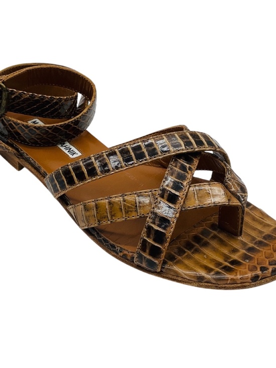 Manolo Blahnik sandals flats Orange Strap ankle, Snake Skin  MANOLO BLAHNIK TAN SNAKESKIN LEATHER ANKLE WRAP FLAT SANDALS